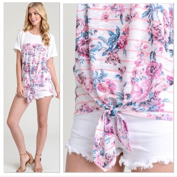 Coral Striped Floral Front Tie Top - Picture 2 of 4